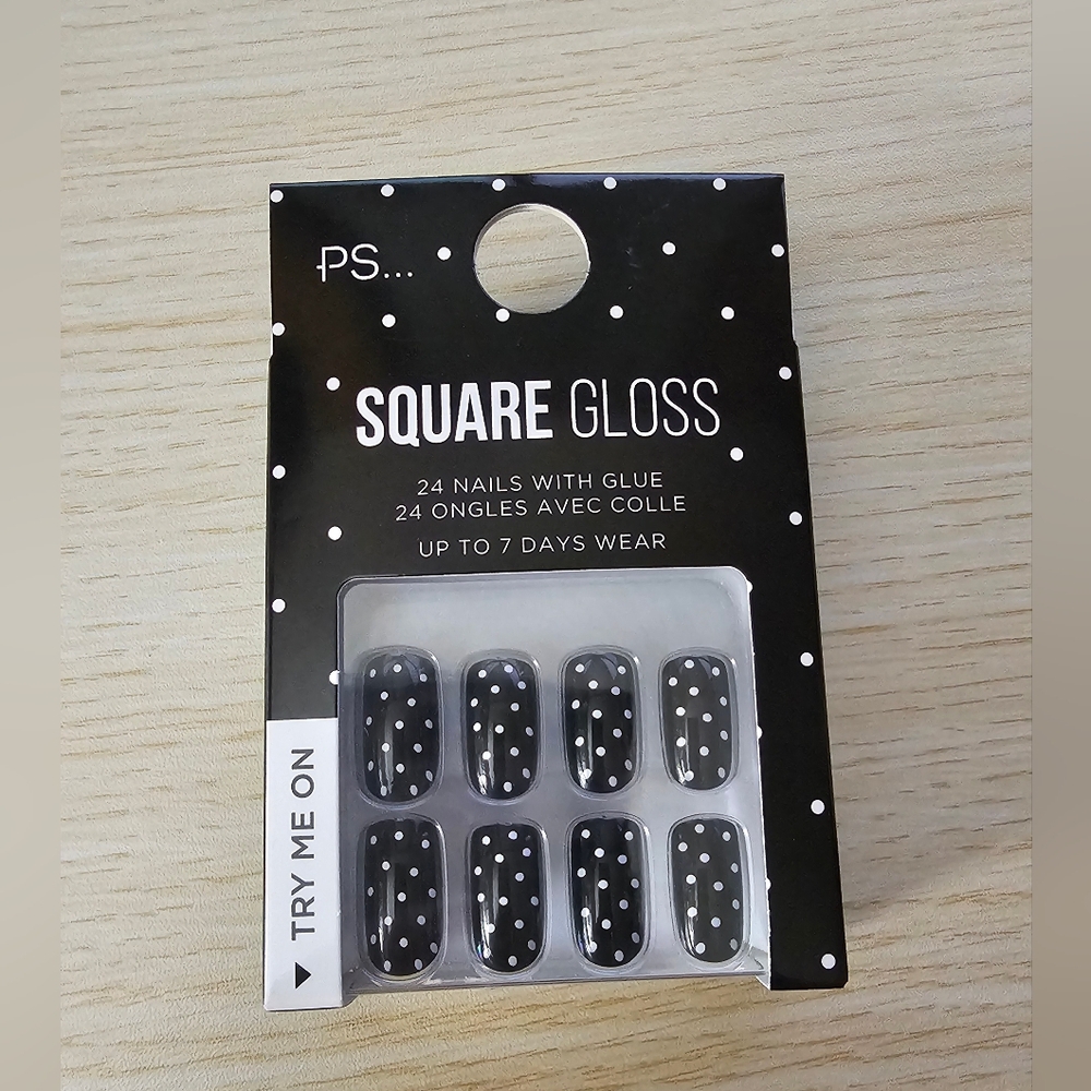 PS... Square Gloss Glue Press-On Nails – Black w/ White Polka Dots (24 ct) – NIB